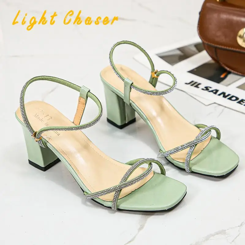 

2021 Sandals Women's High-heeled Women's Sandals One Word Buckle Rhinestone Thick With Fish Mouth Summer Shoes Woman High Heels