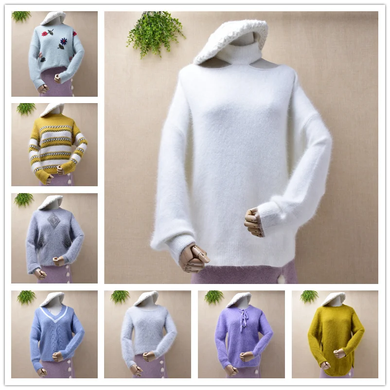 

whole sale real photos winter clothing hairy angora rabbit fur knitted long sleeves pullover fall jumper outwear sweaters tops