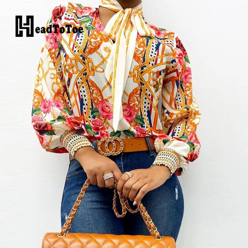 Женский топ с принтом в стиле барокко повседневные блузки длинными рукавами