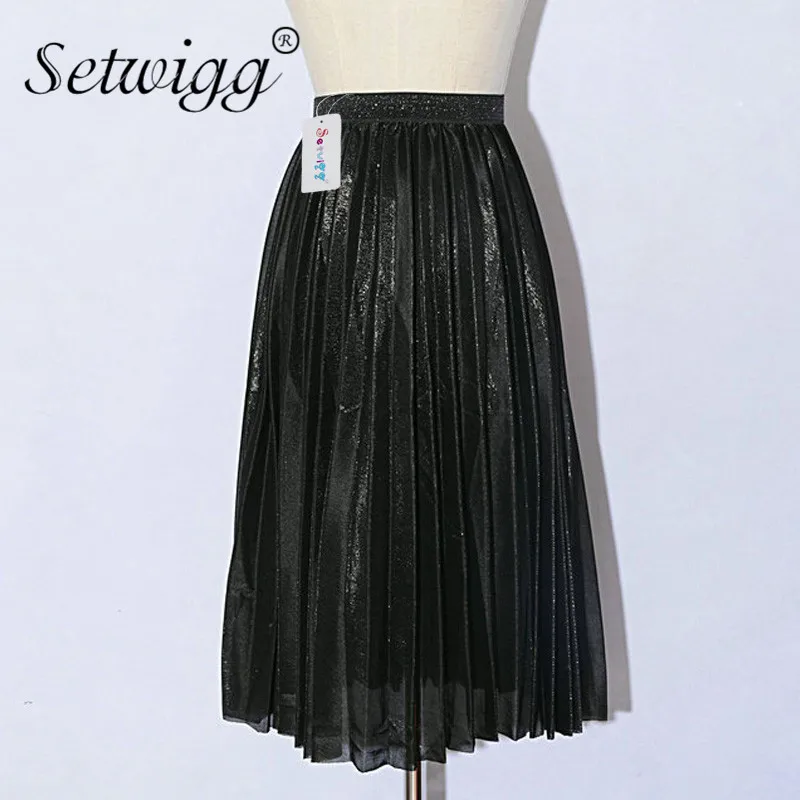 Женская Плиссированная Юбка-миди с металлической сеткой поясом на резинке |