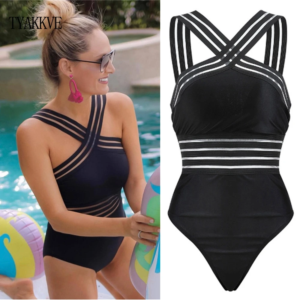 2019 Sexy One Piece Swimsuit Women High Neck Bandage Cross Back Monokini Black Swimwear Bathing Suit Swimming XL | Спорт и
