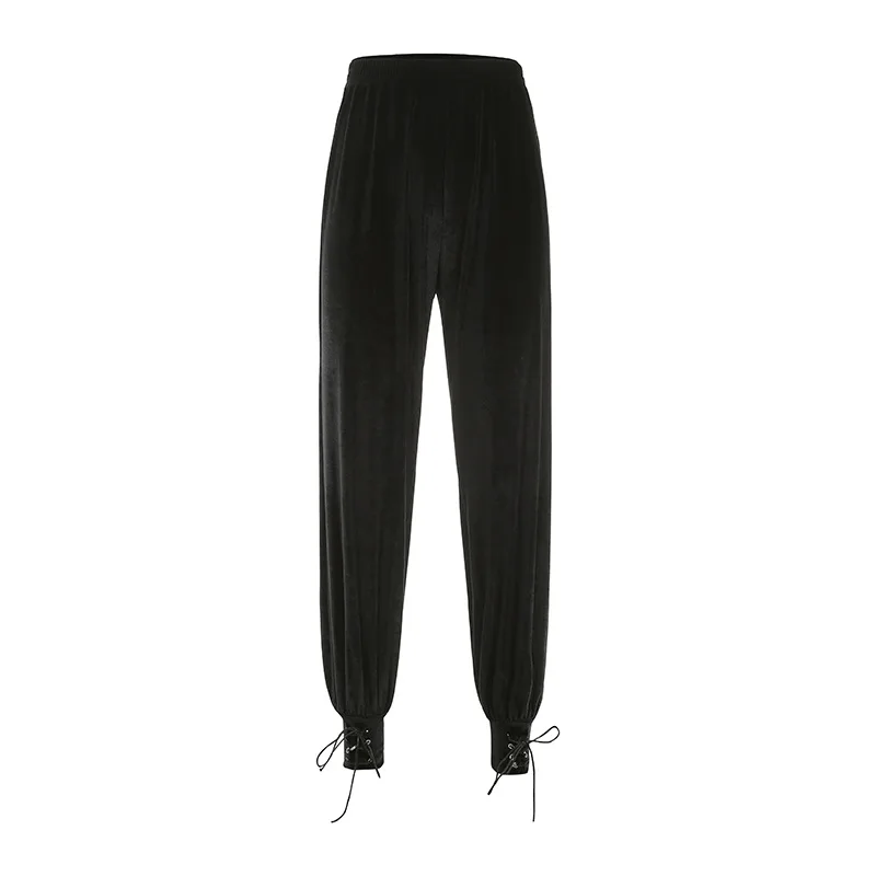 

AG Y2K aesthetics E girl Winter Casual Velvet Baggy Pants Women Black Solid Eyelet Lace Up Hip Hop Trousers High Waist Harem