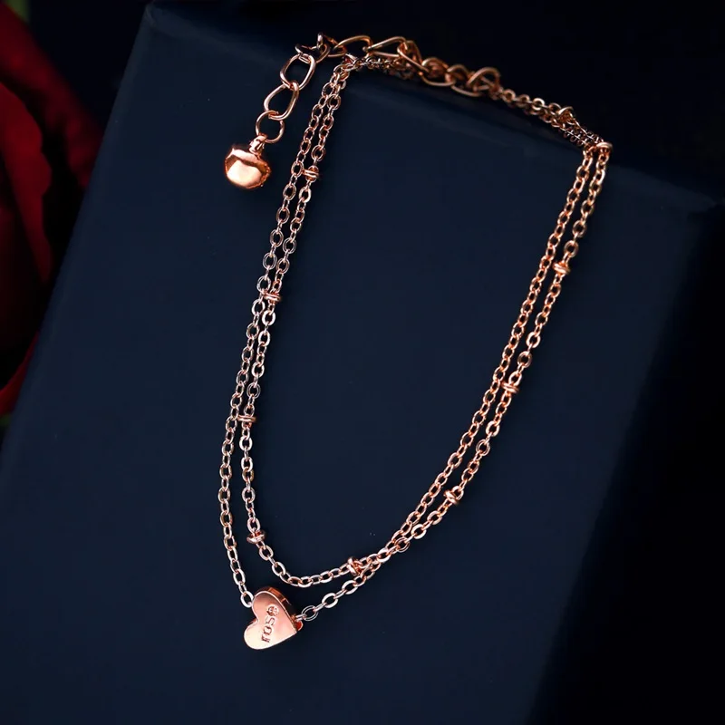 

OMHXZJ Wholesale European Fashion Hot Woman Girl Party Birthday Wedding Gift Sweet Heart Two Lines 18KT Rose Gold Anklet JL14