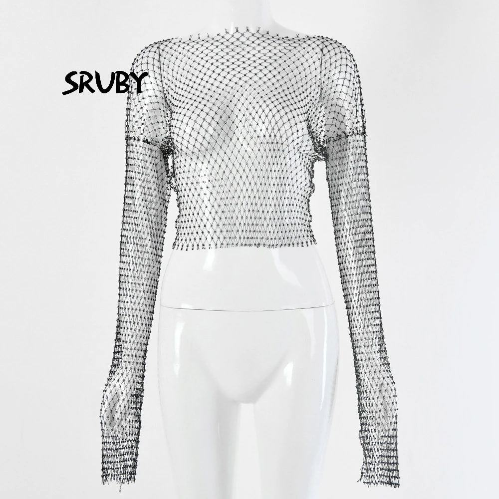 SRUBY Летняя Сексуальная Блестящая футболка со стразами женская прозрачная