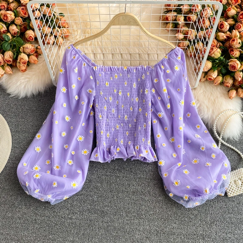 

Small Fresh Embroidery Small Daisy Floral Square Neck Chiffon Shirt All-match One-way Neck Strapless Puff Sleeve Gauze Top Summe