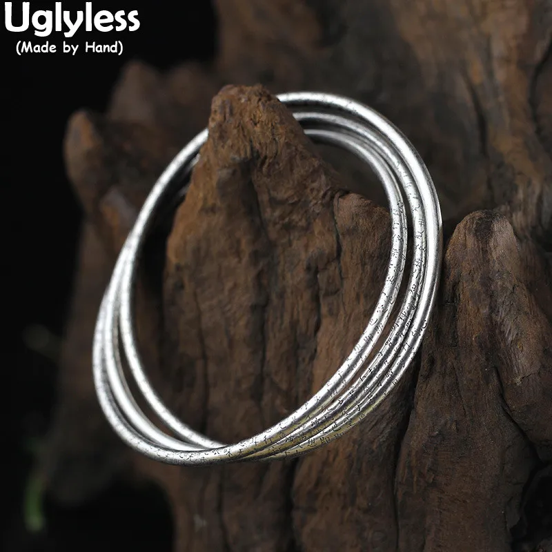 

Uglyless 1 Set 3 Circles 999 Full Silver Bangles for Women Prajna Paramita Sutra Buddhism Bangles Religious Thai Silver Jewelry