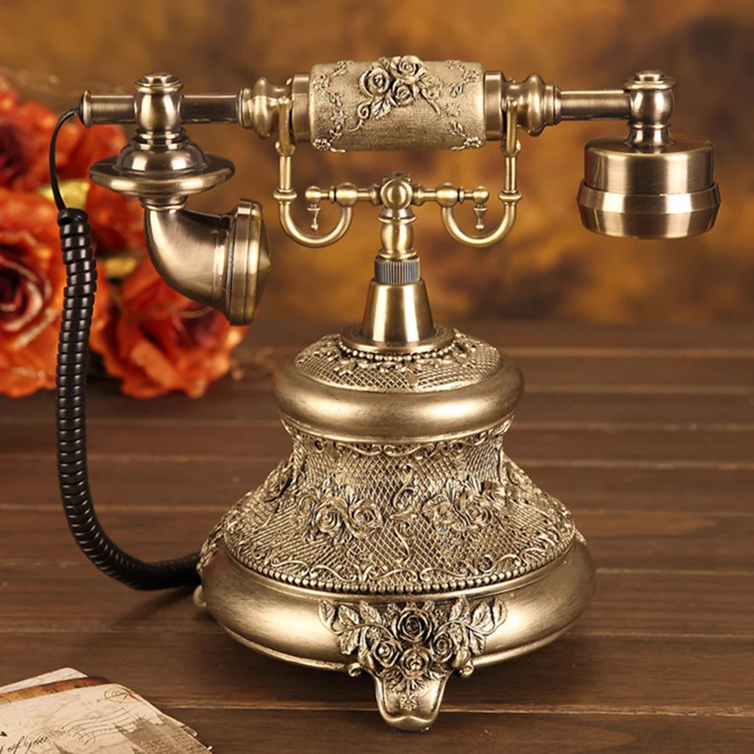 antique golden corded telephone retro vintage rotary dial desk telephone phone with redial hands free home office decoration free global shipping
