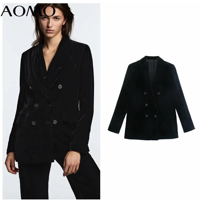

AOMO Women 2021 Fashion Black Velet Blazer Coat Vintage Double Breasted Long Sleeve Female Outerwear JE40A
