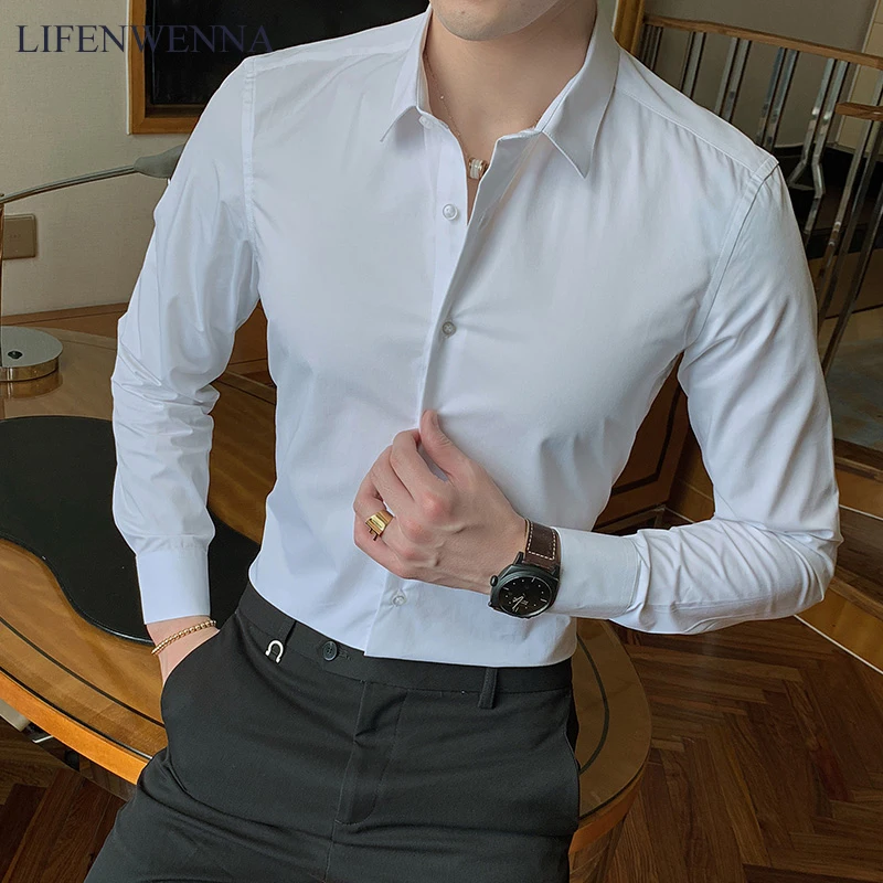 

LIFENWENNA New Fashion Cotton Long Sleeve Shirt Solid Slim Fit Male Social Casual Business White Black Dress Shirt 6XL 7XL 8XL