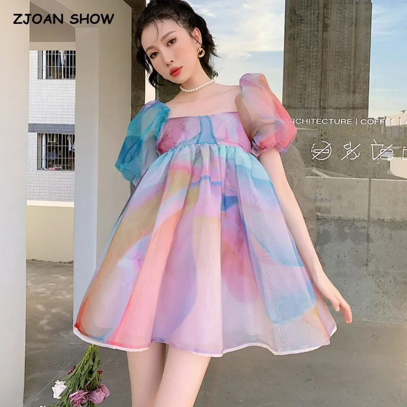 

Женское бальное платье из органзы, короткое платье с градиентным переходом цвета, пышными рукавами и оборками на подоле, в стиле ретро, 2021