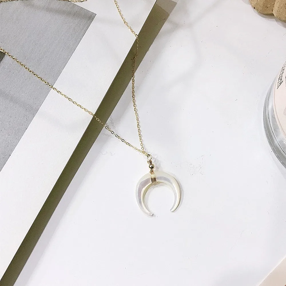 

925 Silver Necklace for Women Natural White Shell Moon Pendant 14K Gold Filled Chain Necklace for Girls Clavicle Chain Fashion