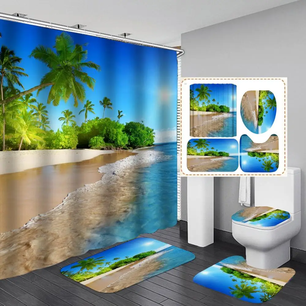 

Beach Starfish Printed Bathroom Shower Curtain Waterproof Bath Curtain Sets with Hooks Toilet Cover Mat Non-Slip 4 Pcs