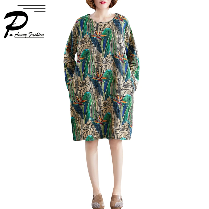 Новое длинное платье с длинными рукавами большие размеры свободное и принтом 2019