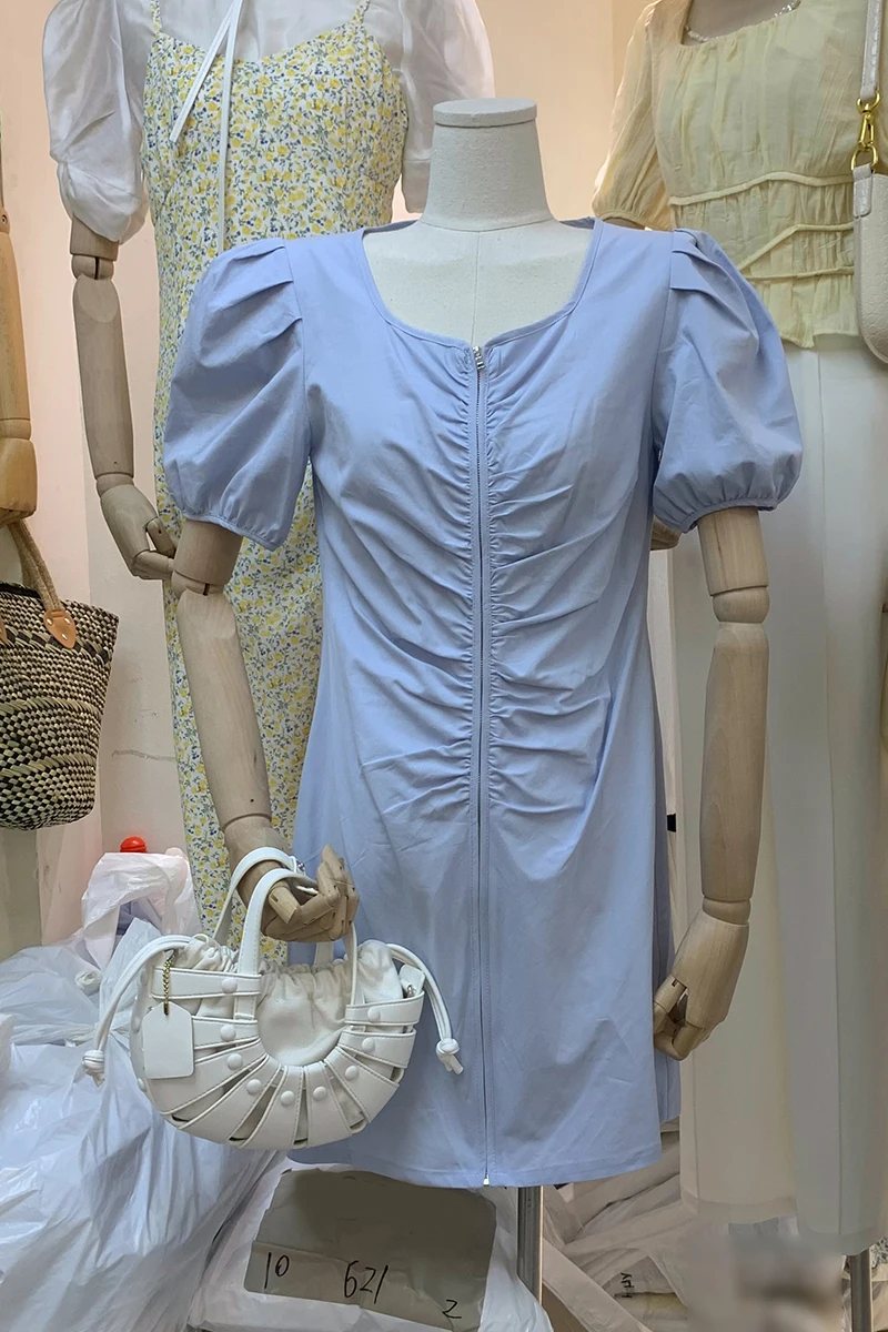 

New Summer Puff Short Sleeve Dress for Women 2021 Design Zipper Folds Blue Dress All-match Casual A-line Dress