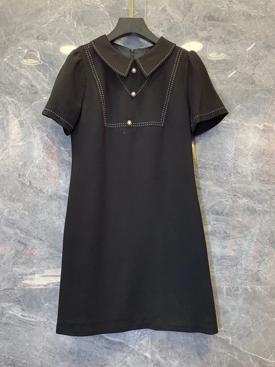 

2021 spring new women's fashion Lapel car line bead trim short sleeve solid color dress 304
