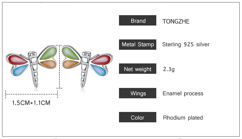 TONGZHE Dragonfly Earrings Women/men 925 Sterling Silver Stud Rainbow Cute Animal Flying Angel Wings Luxury Jewelry on - Ожерелье Dragonfly TONGZHE для женщин/мужчин из серебра 925 пробы с радужными крыльями ангела, красивым животным, летающим. Роскошное 