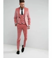 custom made 3 pieces fashion groom wedding dress slim fit pink velvet mens tuxedo suit for prom party jacketvestpants