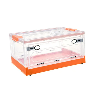

Folding bin with wheel front open storage case flap transparent folding bin