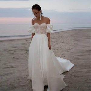 Beach Satin Wedding Dress 2022 Elegant  A-Line Sweetheart Neck Short Sleeves Backless With Beading Bridal Gown Vestido De Novia