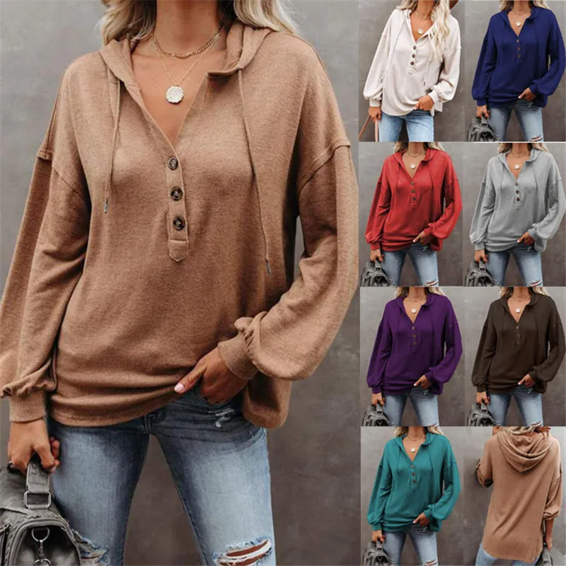 

Women's Solid Color Loose Hooded Sweatshirt 2021 Autumn Pullover Coats Long Sleeve Button Casual Large Size Sweatshirt Clothing