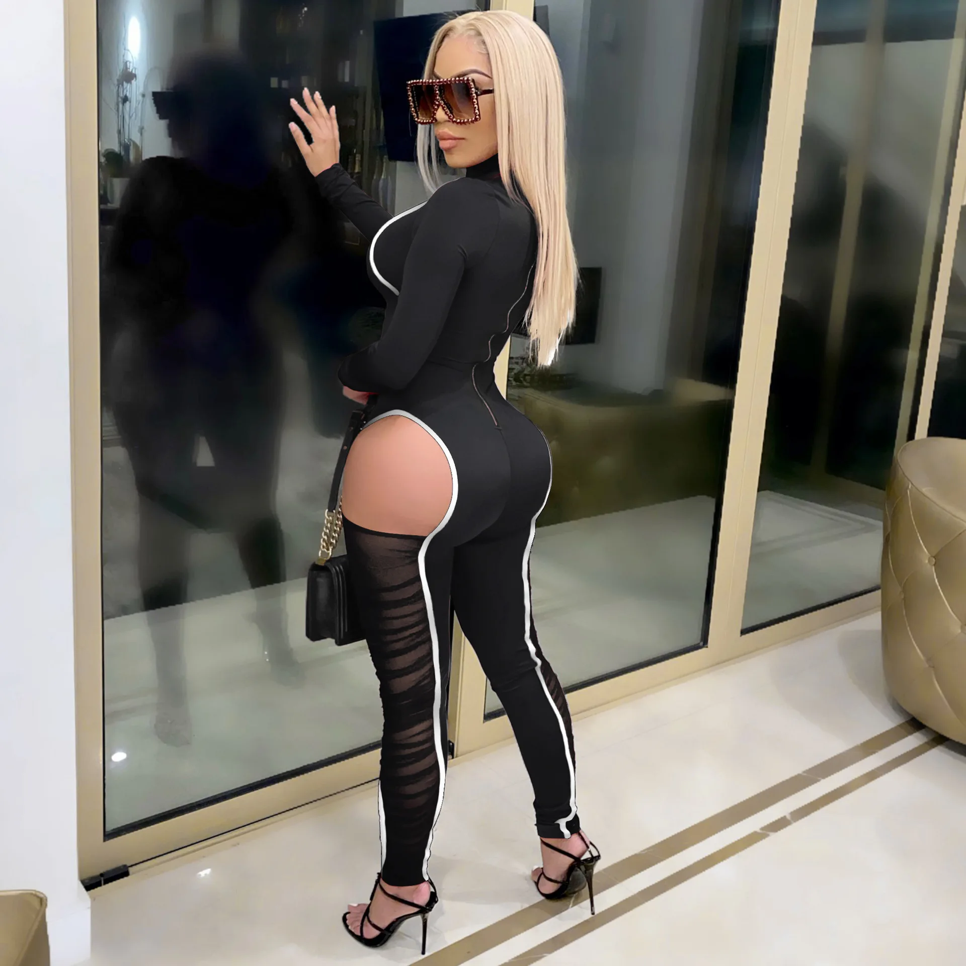 ANJAMANOR Сексуальный черный комбинезон для женщин больших размеров одежда клуба наряды полый из сетки прозрачный комбинезон с длинными рукавами боди-кон Ромпер D48-DA35 on.