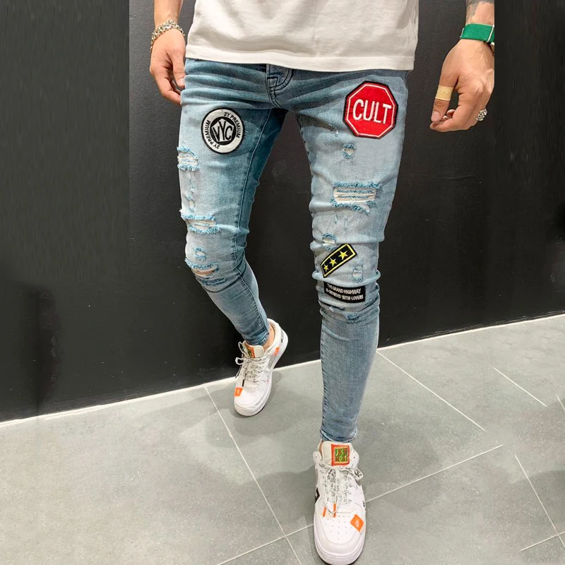 Jeans autumn new European code Men's embroidery hole torn fashion jeans men's casual Slim blue black hip hop large size | Мужская