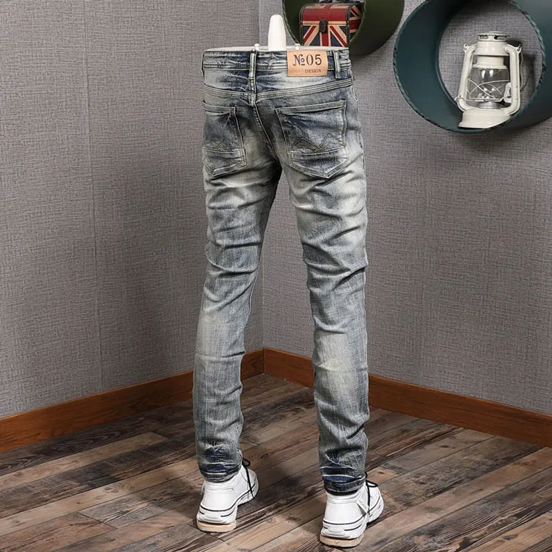 European American Vintage Fashion Men Jeans Retro Wash Elastic Cotton Slim Fit Ripped Jeans Men Distressed Designer Denim Pants