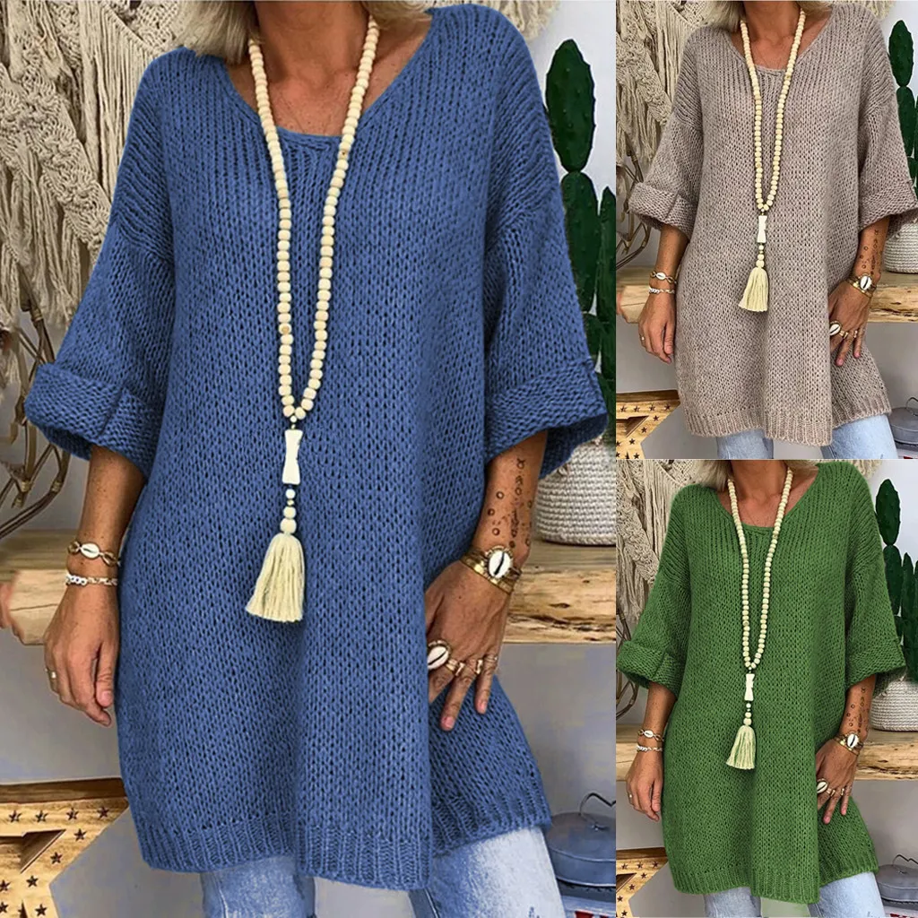 

Vogue Nice V Neck Solid Color Women Long Sweaters Ladies Loose Knitted Autumn Winter Clothing Casual Pullovers Plus Size S-XXL