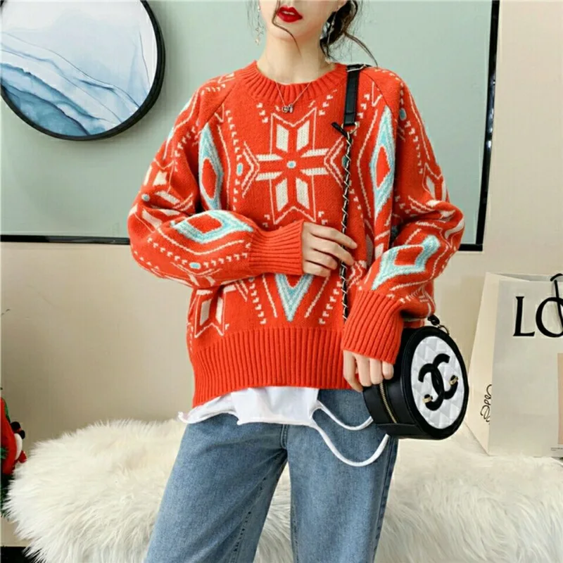 

Женский трикотажный пуловер PEONFLY, повседневный базовый пуловер с геометрическим узором и длинным рукавом, весна-осень 2021