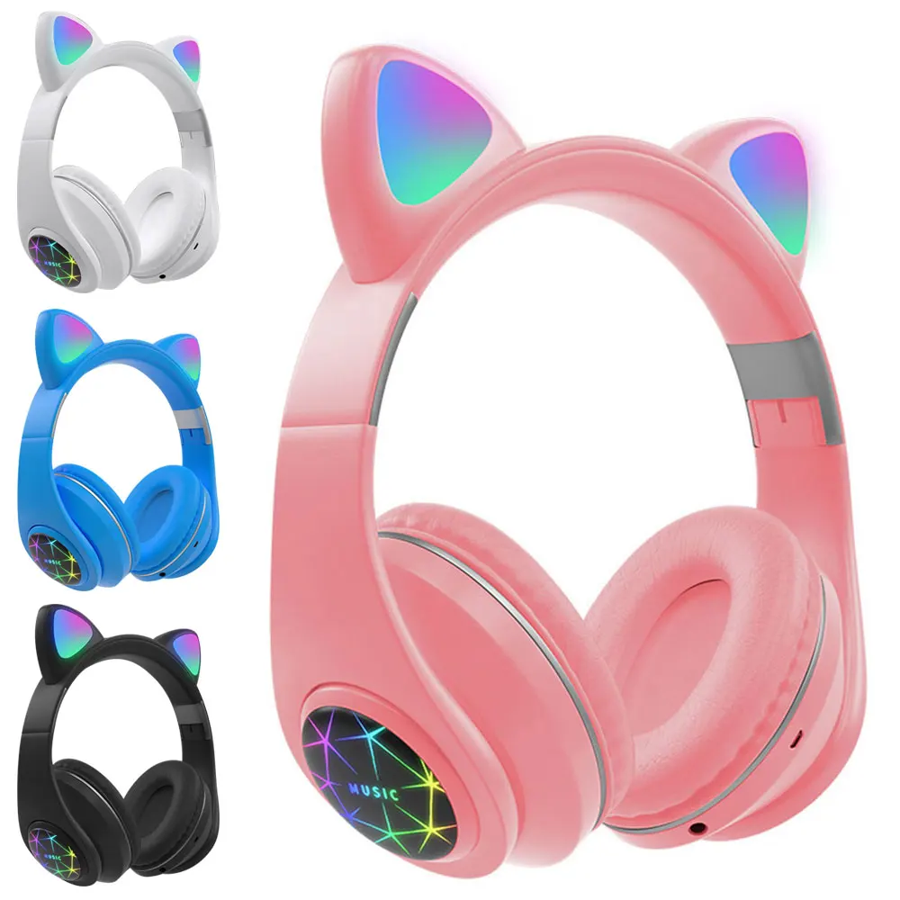 

Ms Foldable Storage Macron Pink Lolita Headset Luminous Cat Ears Headphone With Button Tf Charging Audio Port Wireless Headphone
