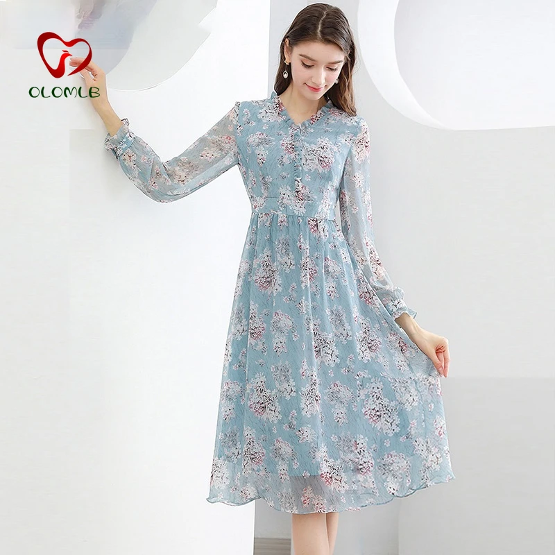 

Women Fairy Chiffon Dress Spring Slim Waist Girls Elegant Floral Printed Holiday Dress 2021 Summer Dress For Women
