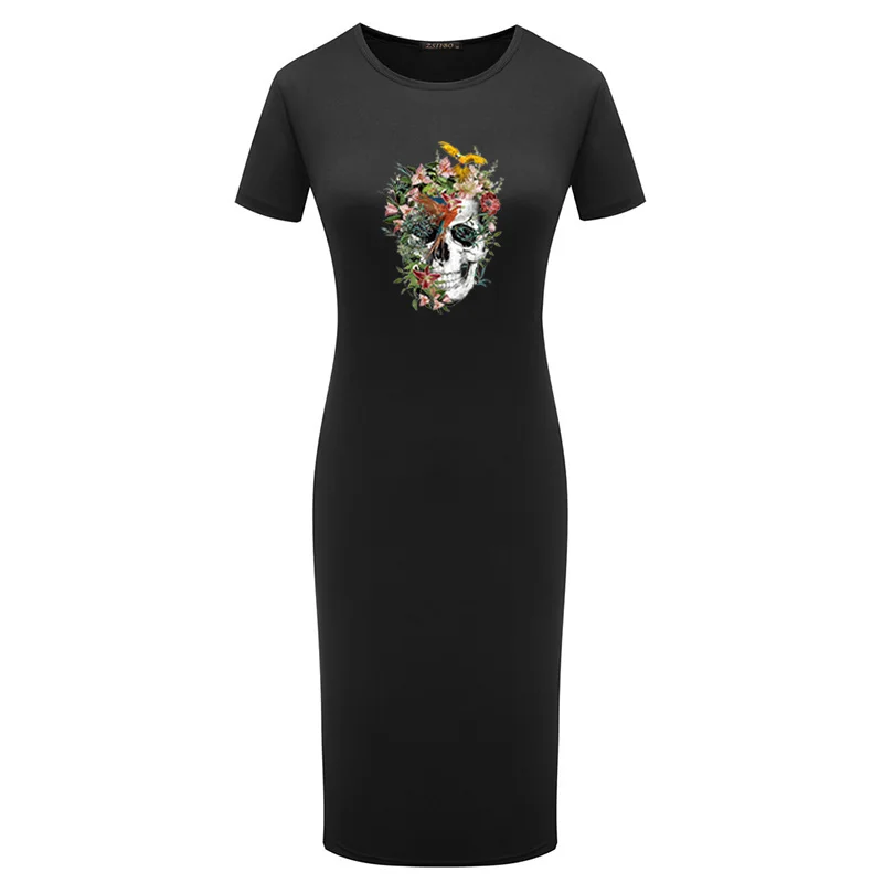 

Womens Long Dress Vintage Flower Skull Print Vestido Summer Sexy Short Sleeve Bodycon Party Dress Round Neck Casual Pencil Dress