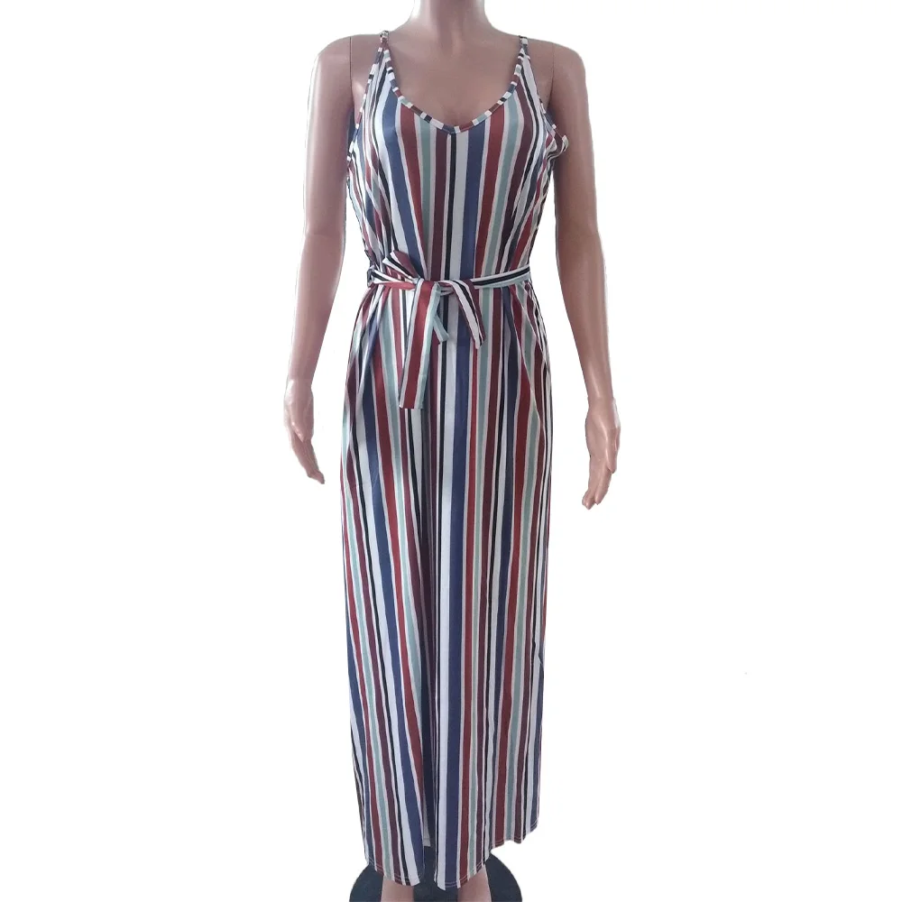 

Women Sexy Spaghetti Strap V-Neck Striped Sleeveless Dress Ladies Lace Up Split Party Long Maxi Dress