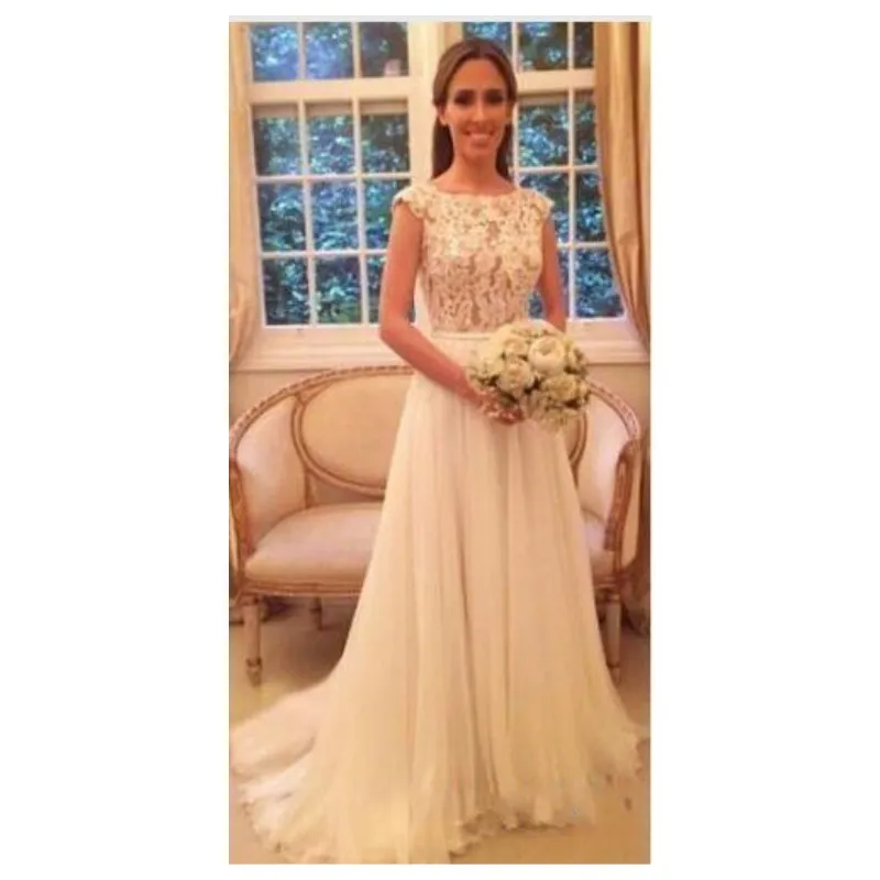 

JIERUIZE Ivory Lace Wedding Dresses Cap Sleeves Scoop Neck Beach Lace Bride Dresses A Line Wedding Gown vestido de noiva