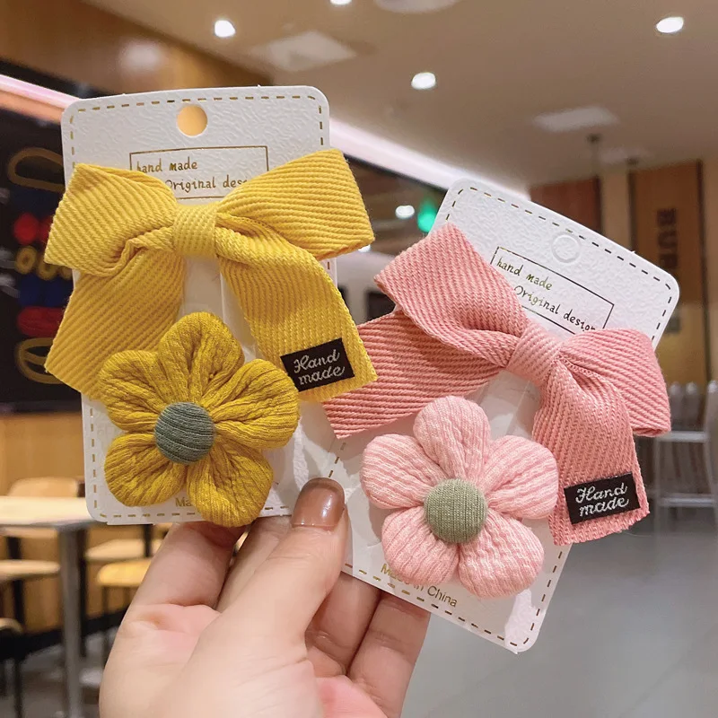 

2Pcs/Set Plaid Bowknot Oval Hairpins Flower Daisy Hair Clips Cute Fashion BB Duckbill Clip Hair Accessories for Children Girls