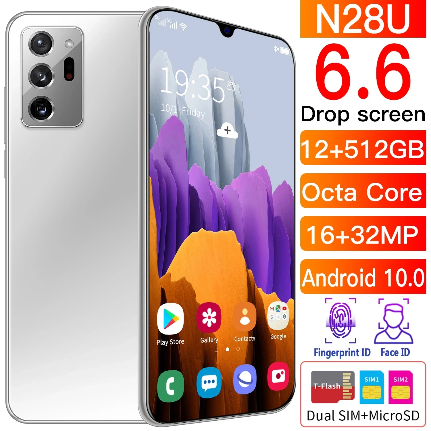 

Galxy N28U 6.6 inch Dual Camera Smart Phone 4800mAh Octa Core Smartphone Large Screen Android Phone Drop Screen Cell Phone