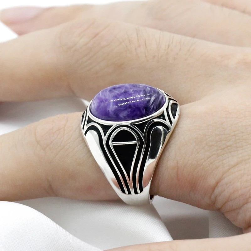 

925 Sterling Silver Men Ring with Natural Charoite Oval Purple Stone Rings for Male Women Thai Vintage Punk Turkish Jewelry