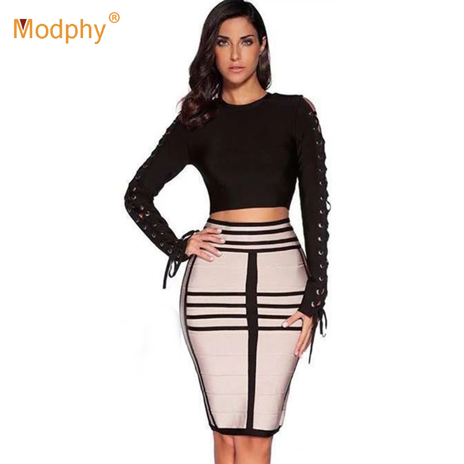 Женский облегающий комплект из 2 предметов ажурный топ с длинным рукавом и юбка