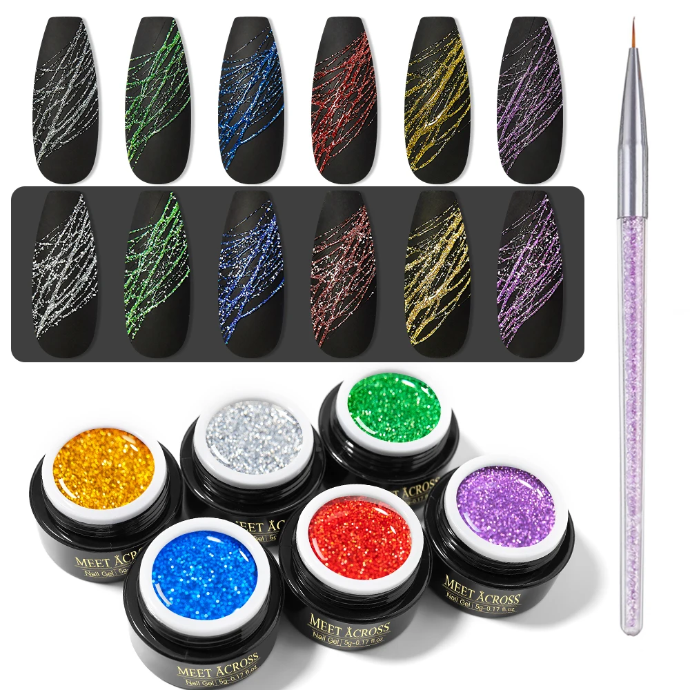 

MEET ACROSS 5ml Reflective Glitter Spider Nail Gel Polish Wire Elastic Drawing Painting UV Gel Soak Pulling Silk Nail varnish