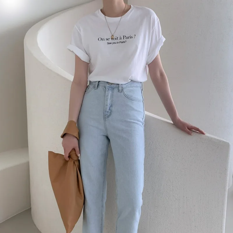 

100% Cotton Women Letter Printed T-shirts O Neck Short Sleeved Casual T-shirts Womens Loose Summer Oversize Tops 2021