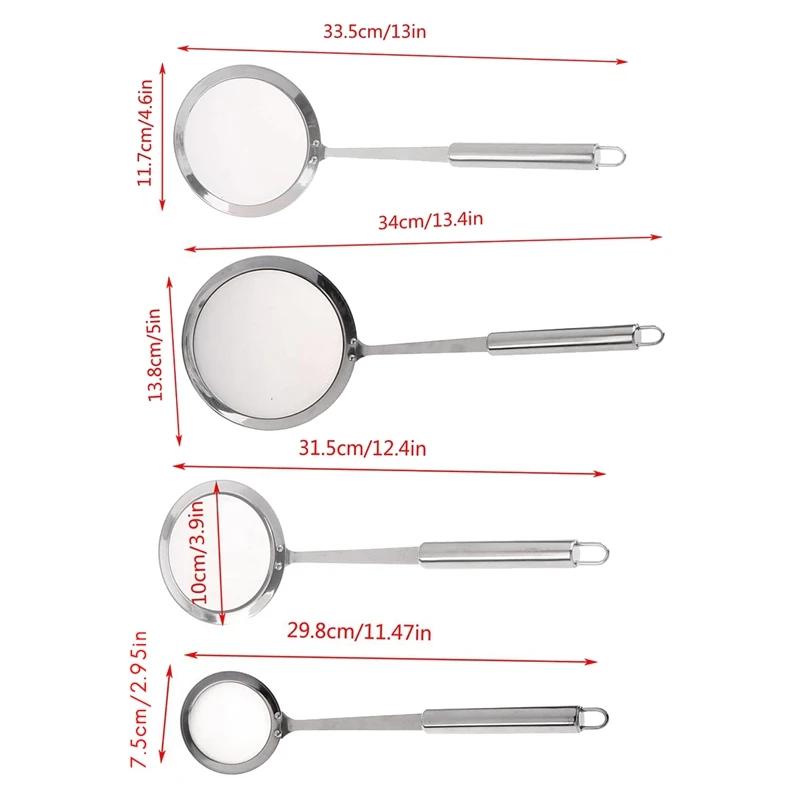 4 Pcs Stainless Steel Kitchen Colander Sieve with Long Handle Fine Mesh Strainers for Cooking Baking Flour | Дом и сад