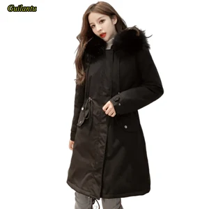 Зимняя длинная куртка, Женская парка с капюшоном из искусственного меха, Женское пальто с толстой шерстяной подкладкой, женская зеленая хлопковая парка, верхняя одежда