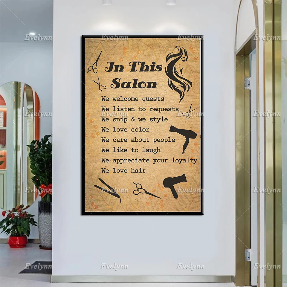 

В этом салоне Ретро плакат настенное искусство, принты для парикмахерской, холст для парикмахерской, декор салона, Парикмахерская, мы любим ...