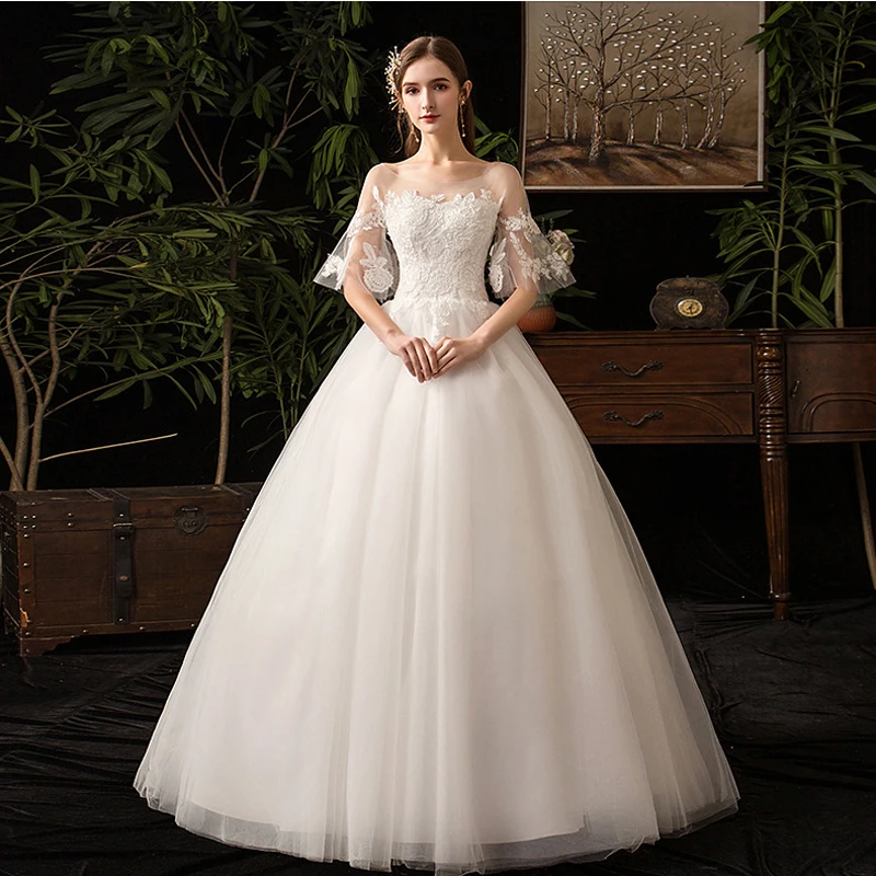 

New O-neck Wedding Dresses Simple Lace Up Back Cheap Wedding Gown De Novia