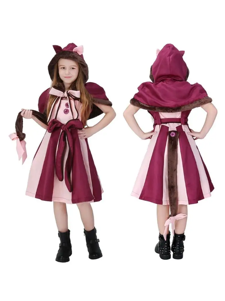 

Girls Halloween Smile Cat Cosplay Costume Colorblock Sleeveless Dress with Cape