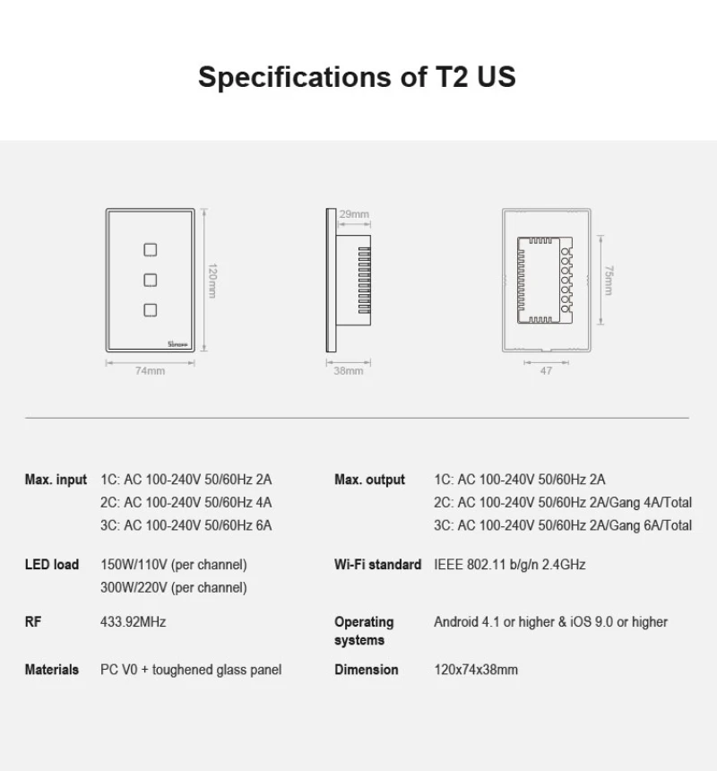 Умный настенный выключатель Sonoff T1/T2 США Wi Fi сенсорный/Wi Fi/433 RF/APP дистанционный