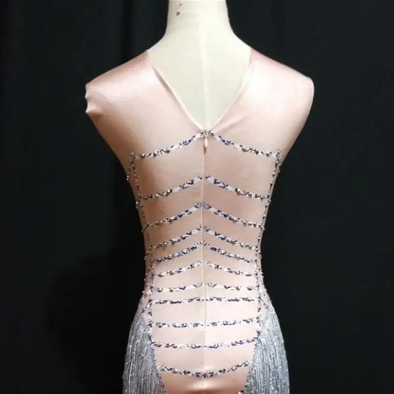 

Silver Tassel Bodysuit Jazz Dance Costumes Women Nude Jumpsuit Costume Bar Dj Sexy Nightclub DS Singer Stage Rave Clothes