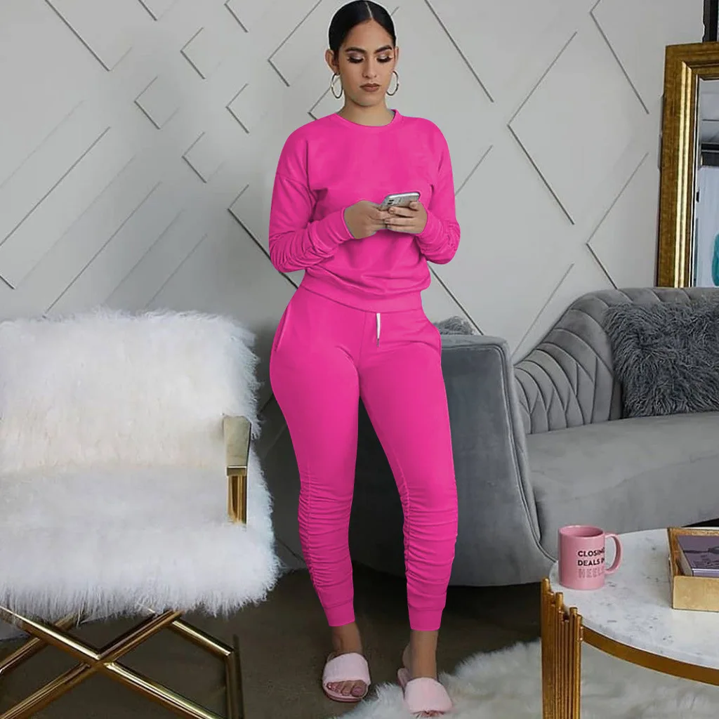 

Fashion Women 2 Pieces Set Tracksuits 2020 Long Sleeve Solid Color Pullover T-shirt High Waist Lace-up Long Pant Outfits