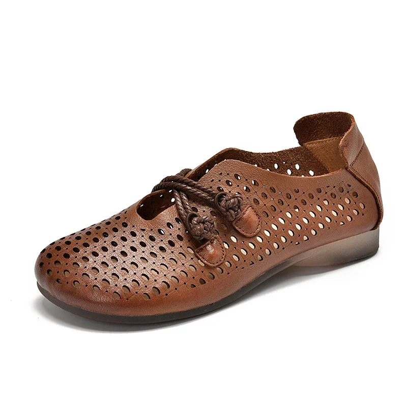 

Johnature Women Sandals Genuine Leather Retro Shoes 2021 New Summer Flat With Shallow Handmade Concise Hollow Ladies Sandals