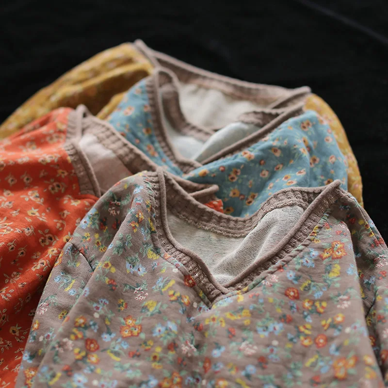 Винтажная футболка из хлопка и льна с цветочным принтом повседневная женская